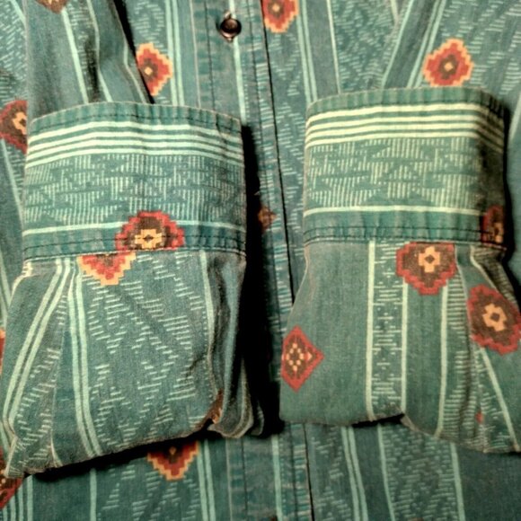 Frontier Series Western Shirt Small Teal Southwest Geometric Button Down READ - Picture 14 of 15